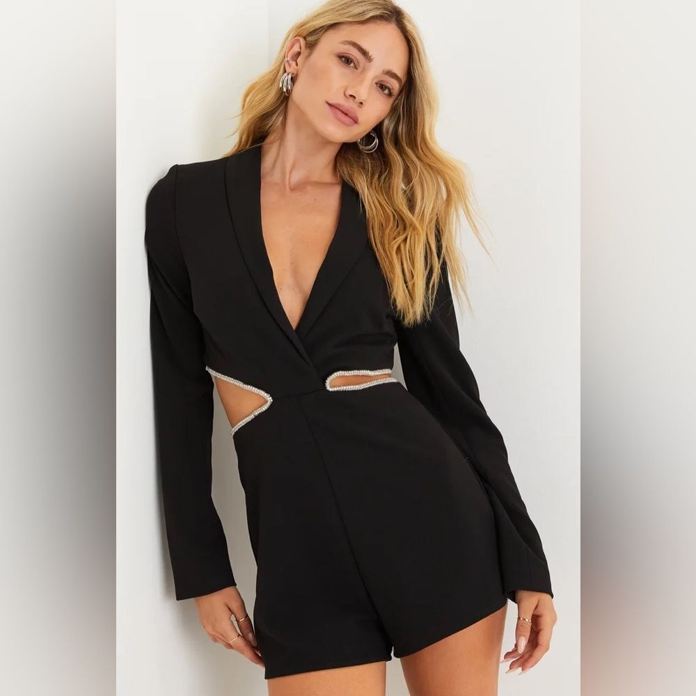 Lulus Sparkling Delight Black Rhinestone Cutout Collared Romper